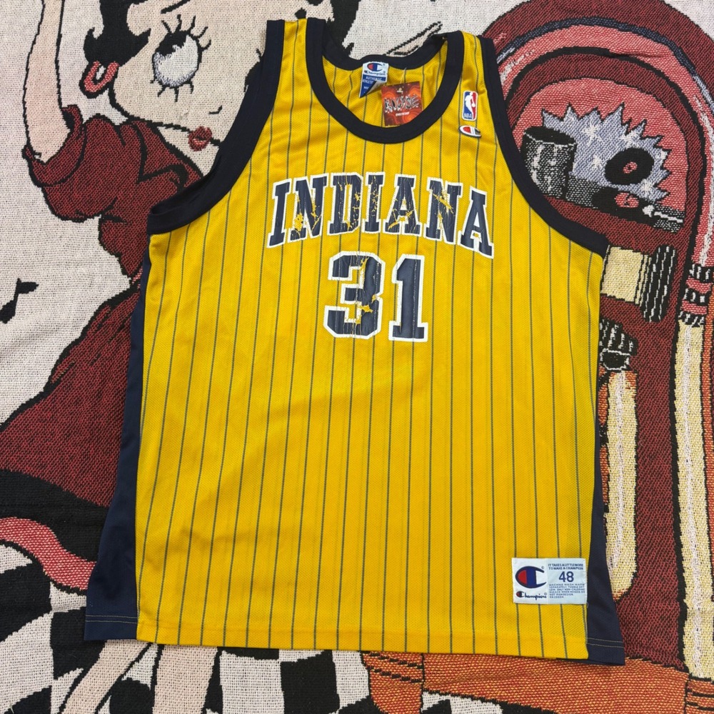 Vintage Champion Indiana Pacers Reggie Miller 31 Pinstripe Jersey Mens 48 NBA